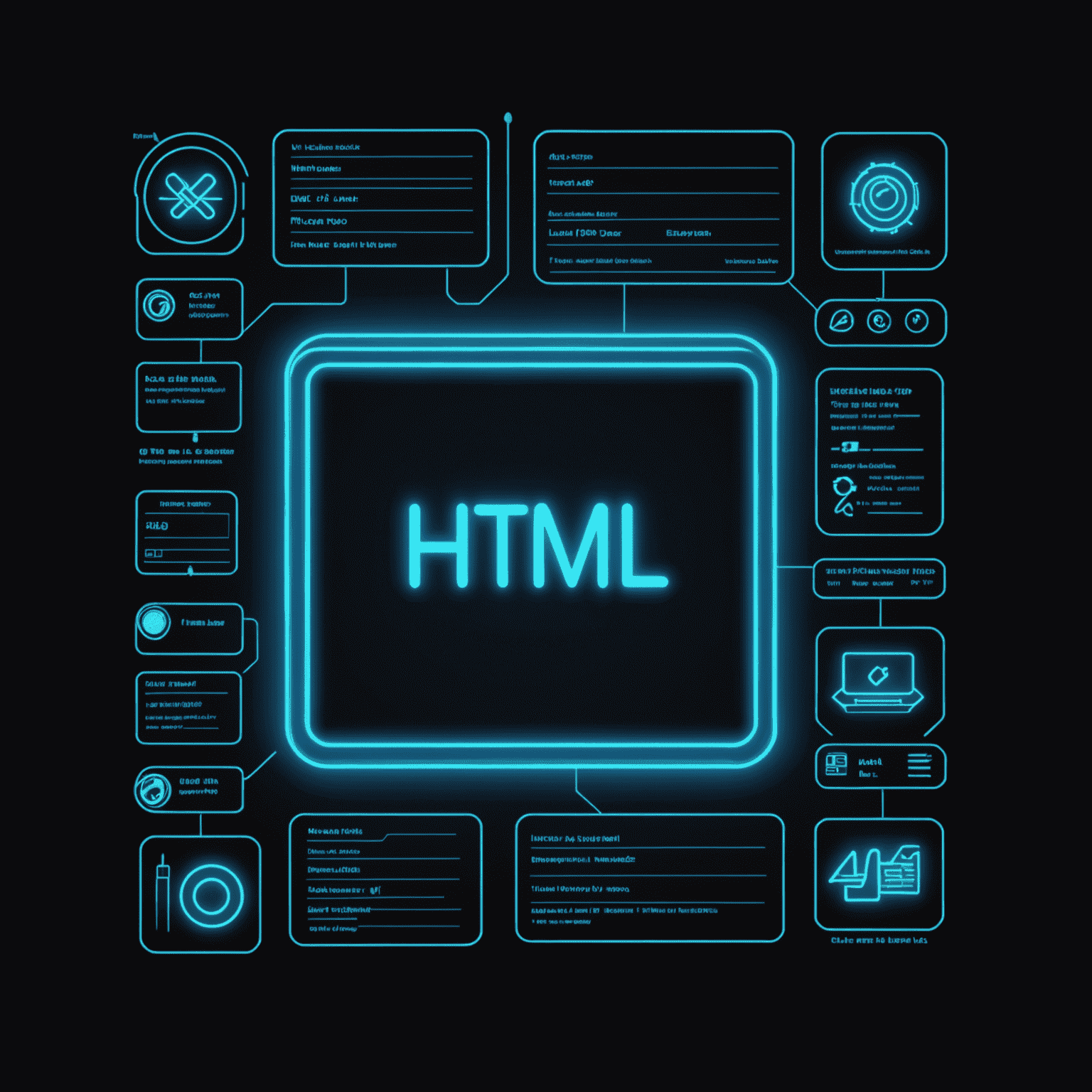 صورة توضيحية لأساسيات HTML مع رموز ورسومات نيون زرقاء على خلفية سوداء