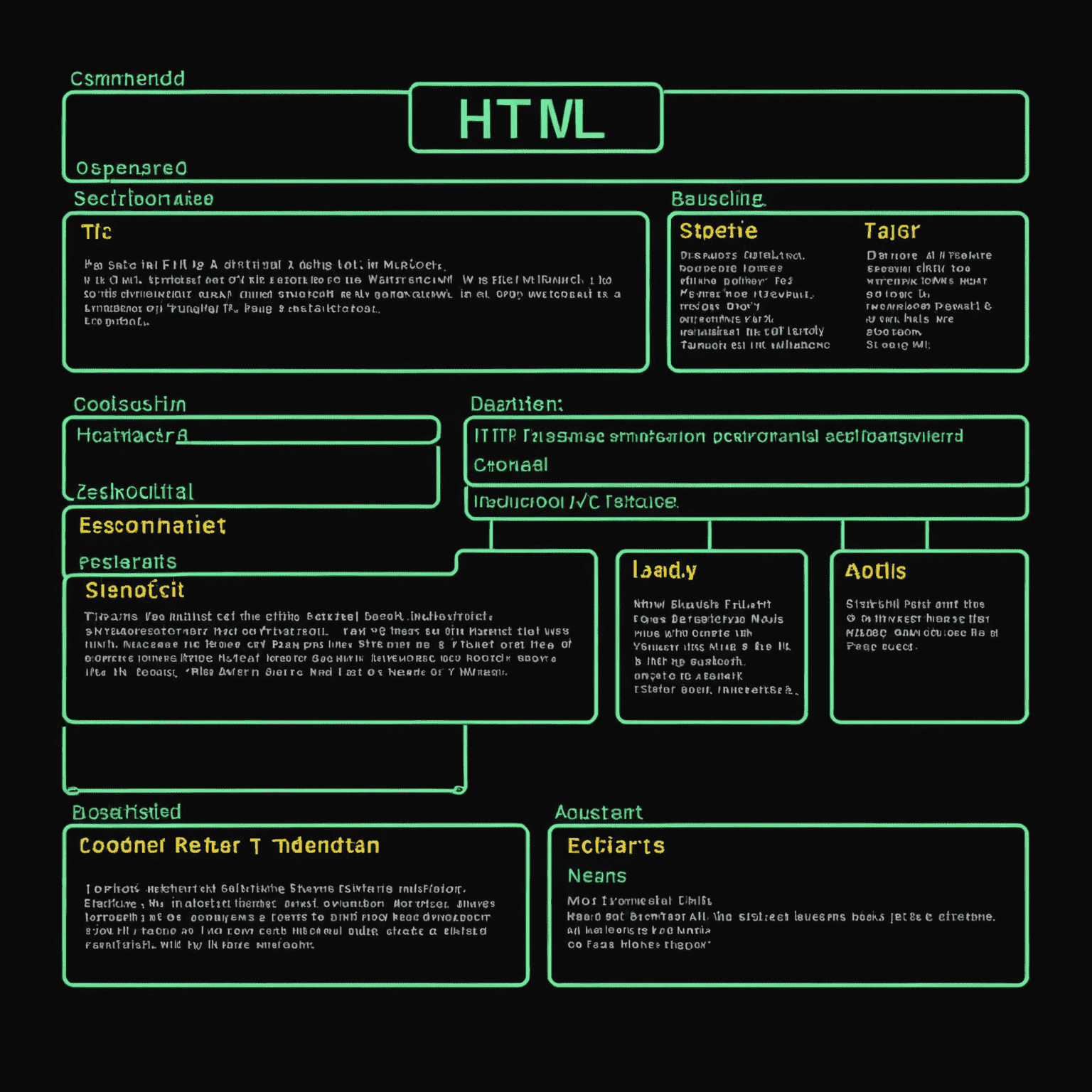 صورة توضيحية لهيكل HTML الأساسي، تظهر علامات HTML و BODY و HEAD في تسلسل هرمي مع خلفية سوداء وخطوط نيون